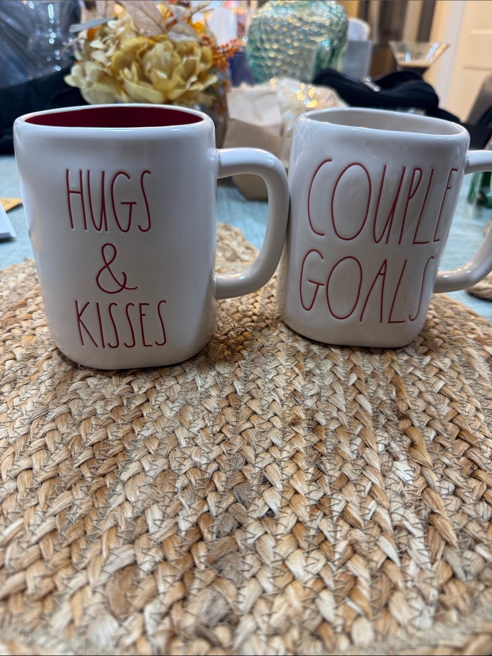 Rae Dunn White Ceramic Mugs with Red Lettering and Red Interior